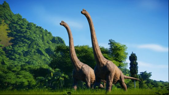 Best tycoon games: Two brachiosaurs roaming a lush, verdant plain in Jurassic World Evolution 2.