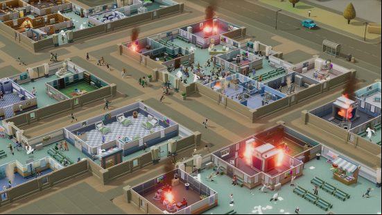Best tycoon games: A hospital that's descended into chaos, characterized by numerous fires and an amalgamation of spillages and rubbish while patients and doctors alike rush for the exits in Two Point Hospital.