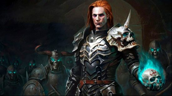 Diablo Immortal tier list: the Necromancer holding a glowing blue skull in front of an army of skeletons with glowing eyes