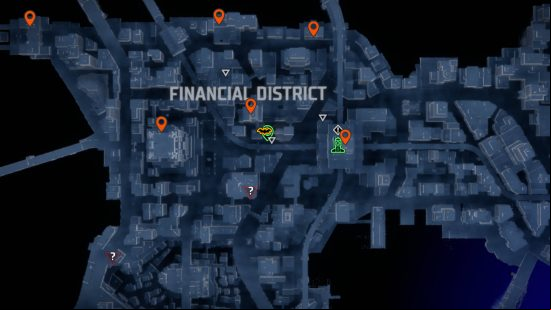 Gotham Knights Batarangs: orange pins showing the Batarang locations in Financial District.