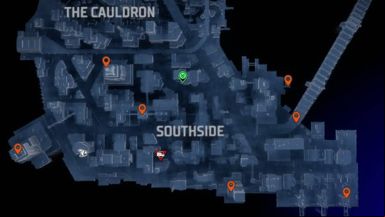 Gotham Knights Batarangs: orange pins showing the Batarang locations in Southside.
