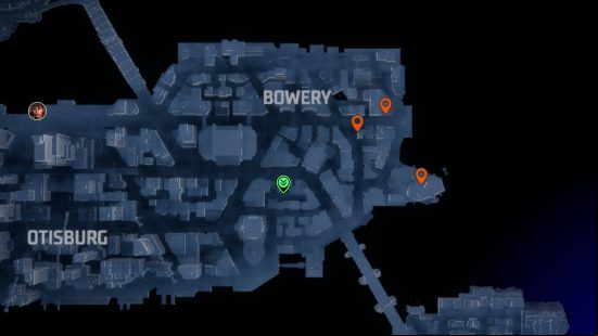 Gotham Knights landmarks: orange pins showing the locations of the landmarks in Bowery.