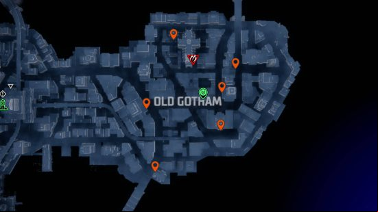 Gotham Knights landmarks: orange pins showing the locations of the landmarks in Old Gotham.