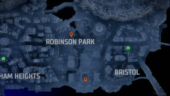 Gotham Knights landmarks: orange pins showing the locations of the landmarks in Robinson Park.