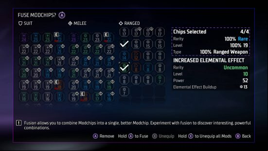 Gotham Knights mods: the mod fusion screen with four mods selected to create a new Rare mod.