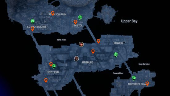 Gotham Knights street art locations: orange pins showing the street art locations in North Gotham.