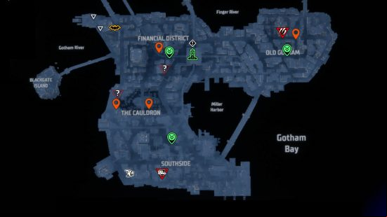 Gotham Knights street art locations: orange pins showing the street art locations in South Gotham.