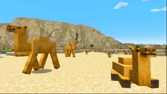 Several Minecraft camels are hanging out in the desert.