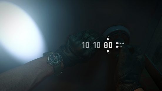 Modern Warfare 2 safe codes: the player's hand is cracking open a safe with numbers on screen showing them opening the Alone coffee shop safe. There is also a torchlight shining on the door of the safe.