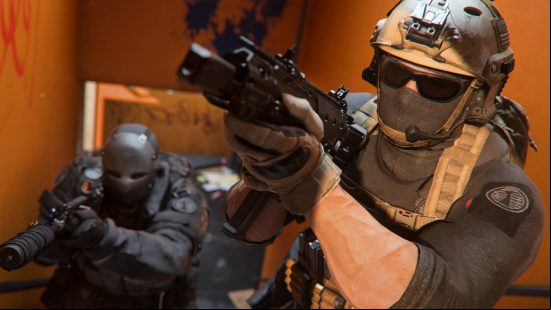 Modern Warfare 2 spec ops - two soldiers ascending stairs with guns drawn. One is wearing sunglasses and tactical gear, while the other is wearing a metal mask and body armour.