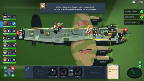 The dissected view of a cute, cartoon style military plane in Bomber Crew, one of the best plane games on PC.