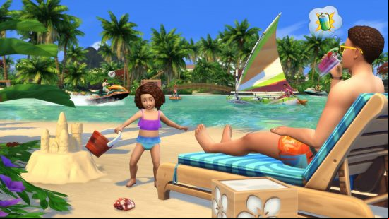 sims 4 expansion packs: a small child plays in the sand as a man reclines on a pool chair in the sims 4 island living expansion pack