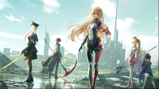 Tower of Fantasy global and CN version: A promotional poster from the CN version of Tower of Fantasy featuring Nemesis, Claudia, King, Pepper, and Cocoritter, all of whom appear in the global version of the anime game.