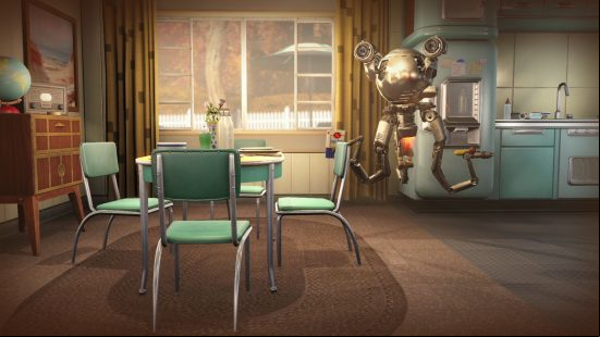 Best robot games - a robot is cleaning a retro-styled house in Fallout 4.