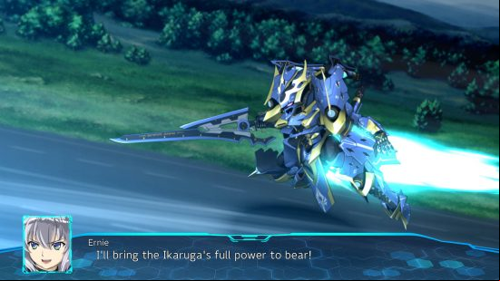 Best robot games - Ernesti from Super Robot Wars 30, originally from the Knights & Magic anime, hurtling toward an enemy in his mech.