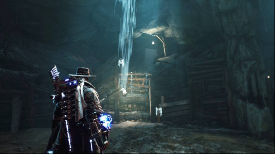 Evil West unique chests locations - Jesse is inside a cave looking at a broken ladder showing him the way out.