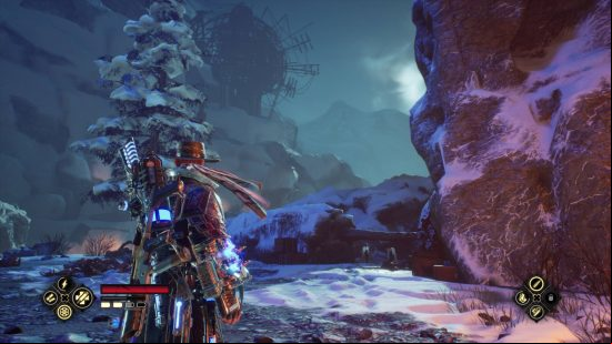 Evil West unique chests locations - looking at the giant lab on top of the hill, there is a small log with barriers immediately ahead of Jesse.