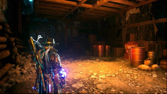Evil West unique chests locations - a barricade is on Jesse's left, while lots of explosves are to his right.