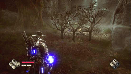 Evil West unique chests locations - a bush in the forest obstructs the path between Jesse and the chest.