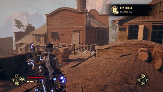 Evil West unique chests locations - Jesse on top of a building with some broken boxes and a barrel up ahead.
