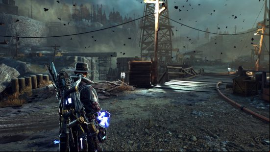 Evil West unique chests locations - to Jesse's right is an arena, but to his left is a drop onto a platform in the oil refinery.