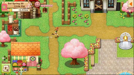 Best games like Animal Crossing: A young girl sprints through a quaint village with cotton candy trees and pastel-coloured houses in Harvest Moon Light of Hope