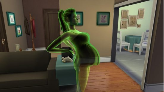 A green transulant female Sims is visibly pregnant in sims 4 sex mod Ghosts can have babies!