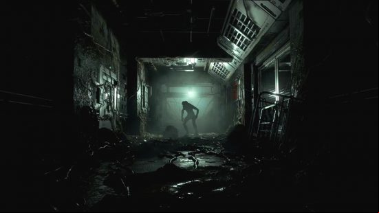 The Callisto Protocol everything we know: an alien monster stands in the distance, lit by a single light in a dark corridor
