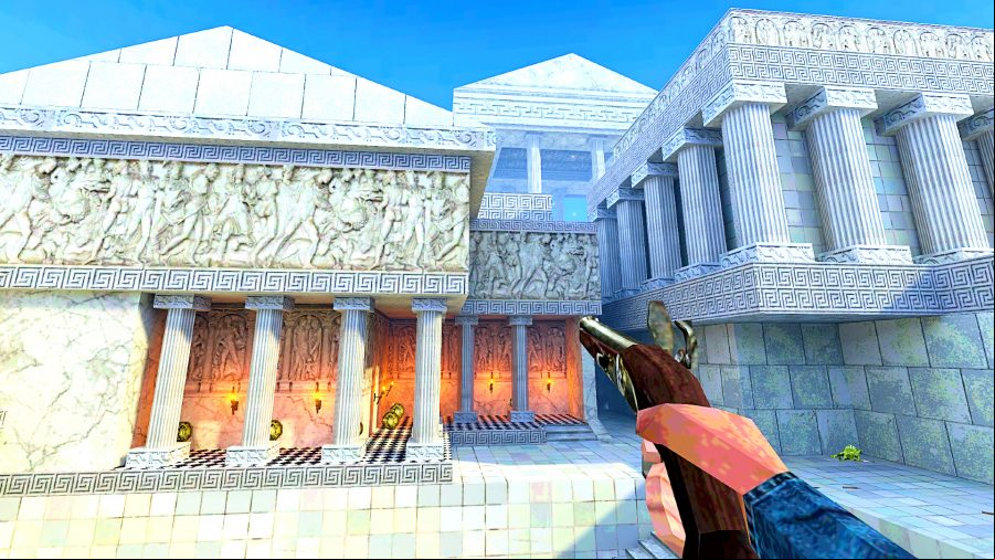 Chop Goblins - first-person view of a classic FPS, showing coins spread across a building resembling classical Greek architecture, as a gun is held in the corner of the screen