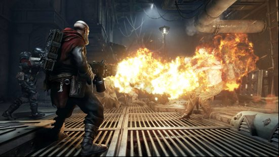 Darktide Grimoire locations - a human firing a flamethrower at some corrupted humans in an industrial location.