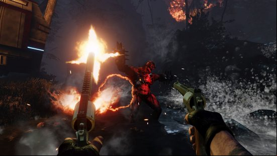 Games like Left 4 Dead and Payday 2: a person holding a revolver fires wildly at a monster 
