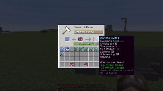 Anvils used for Minecraft enchanting and repairing. The current sword shown has seven enchantments attached to it.