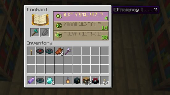 Minecraft enchantments: the enchanting table UI shows a list of three enchantments, all written in the un-translatable enchanting language