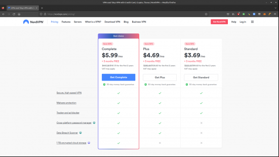 NordVPN review: the pricing plan in three tiers, with the left-most option being the cheapest
