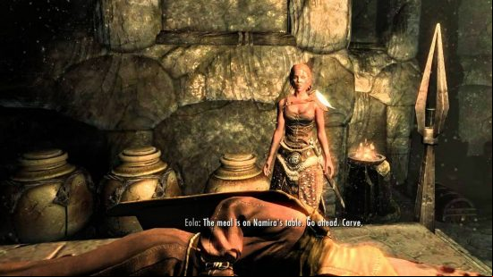 Best cannibal games: Eola standing over the body of Verulus in the Taste of Death quest in The Elder Scrolls: Skyrim, who is required to die for the Ring of Namira, one of the best Daedric artifacts in the game.