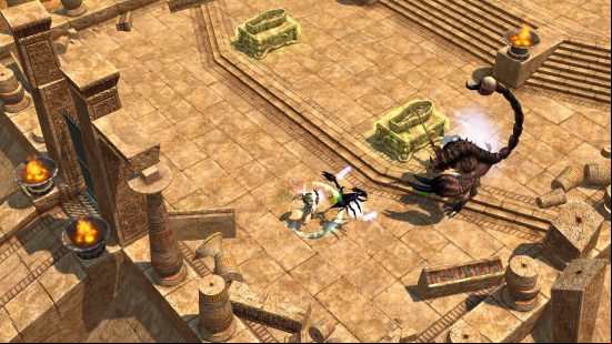 Games like Diablo Titan Quest: The hero of Titan Quest exploring the Great Pyramids, with open sarcophagi displaying the mummified remains within, while an enormous anthropomorphic scorpion advances upon them, a sword held in its claw.