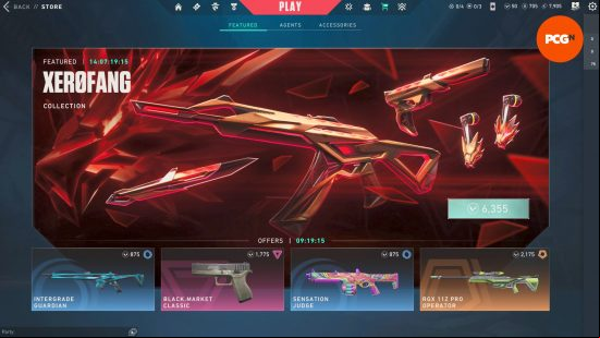 Valorant purchase history: An image of the Valorant store home page, featuring the Xerofang collection.