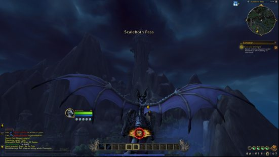 WoW Dragonflight review: A white and purple dragon flies through dark skies over a volcanic range