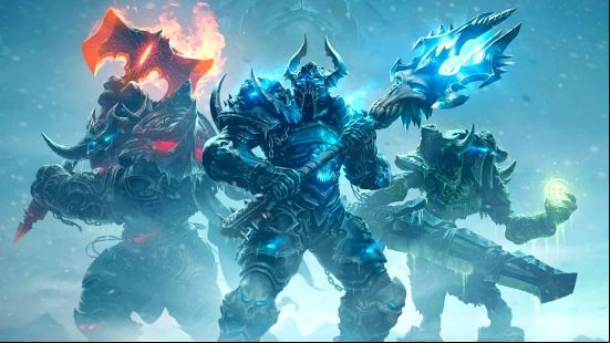World of Warcraft Dragonflight tier list: A band of Death Knights ready to defend themselves from oncoming enemies during a blizzard, dressed in full plate armour and wielding axes, spears, and rot spells.