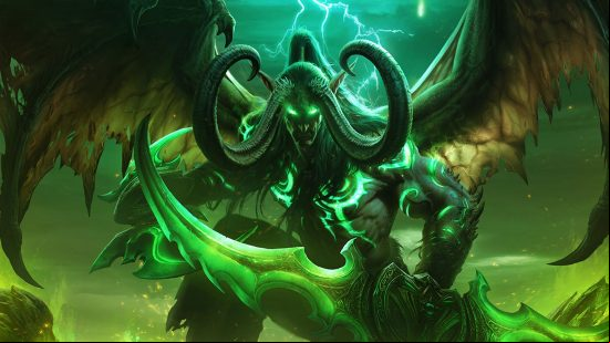 World of Warcraft Dragonflight tier list: Illidan Stormrage, the first of the demon hunters and lord of Outland, wielding the Twin Blades of Azzinoth as lightning strikes overhead.