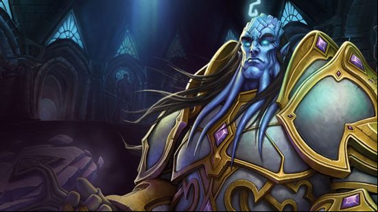 World of Warcraft Dragonflight tier list: A Draenei Paladin standing in the Exodar, kitted out in full plate armour and wielding an enormous two-handed hammer.