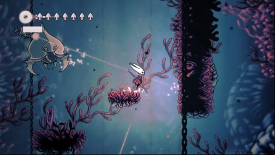 Hollow Knight Silksong: a white insect-like creature stands on a platform in a dark blue environment