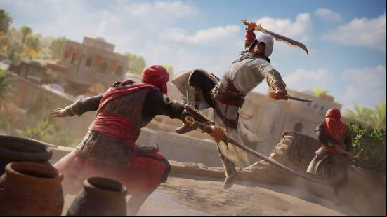 Assassins Creed Mirage: a man in a turban weilding a sabre jumps at his foe
