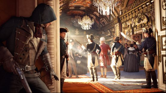 Assassin's Creed Unity protagonist hugs a wall, peeking around the corner while brandishing a gun