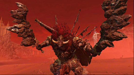 Starscourge Radahn from Elden Ring holds their giant weapons high, ready to attack