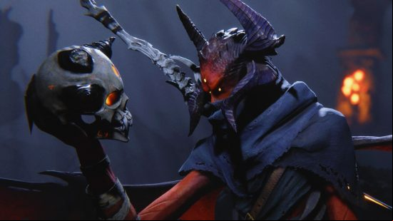Red Judge Incaustis holds a skull in a Hamlet-like way in Metal: Hellsinger