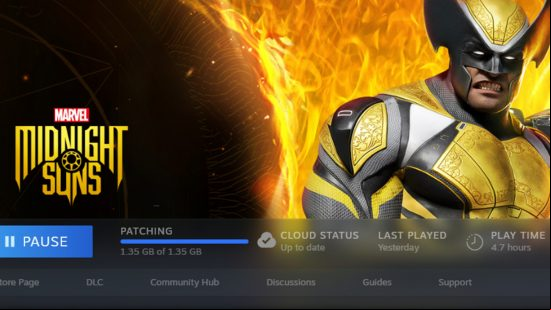 A photo of Marvel's Midnight Suns in Steam loading an update but not patching