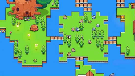 best idle games forager - a screenshot shows a collection of green, rectangular islands on a blue ocean.