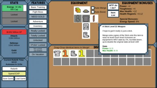 Best clicker games: An image of NGU Idle shows the equipment screen, and the description of a stick