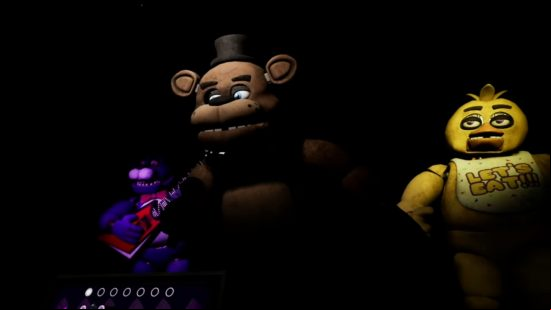 Freddy, Chica, and Bonnie on stage in Five Nights At Freddy's Help Wanted, one of the best VR horror games.